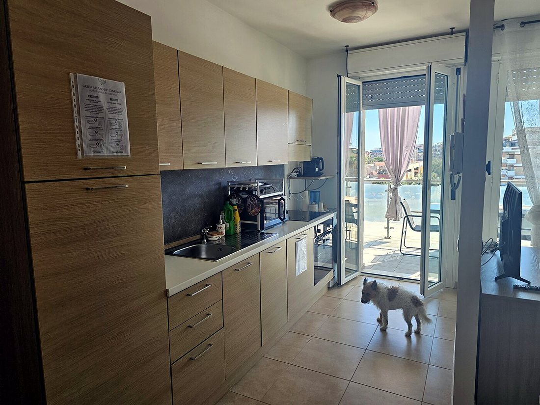 La cucina, con Shogun che passa e il terrazzo in fondo